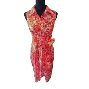 Talbots Orange‎ and White Palm Leaf Shirt Dress Pleated Waist Pockets Size 8